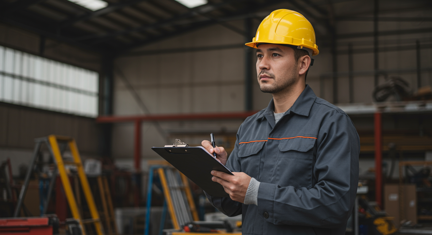 Worker with clipboard assessing a task area before starting work