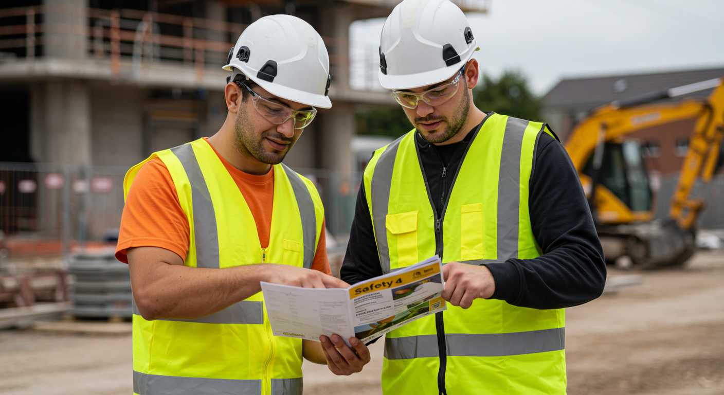 Two workers reviewing a SWMS document onsite before starting work