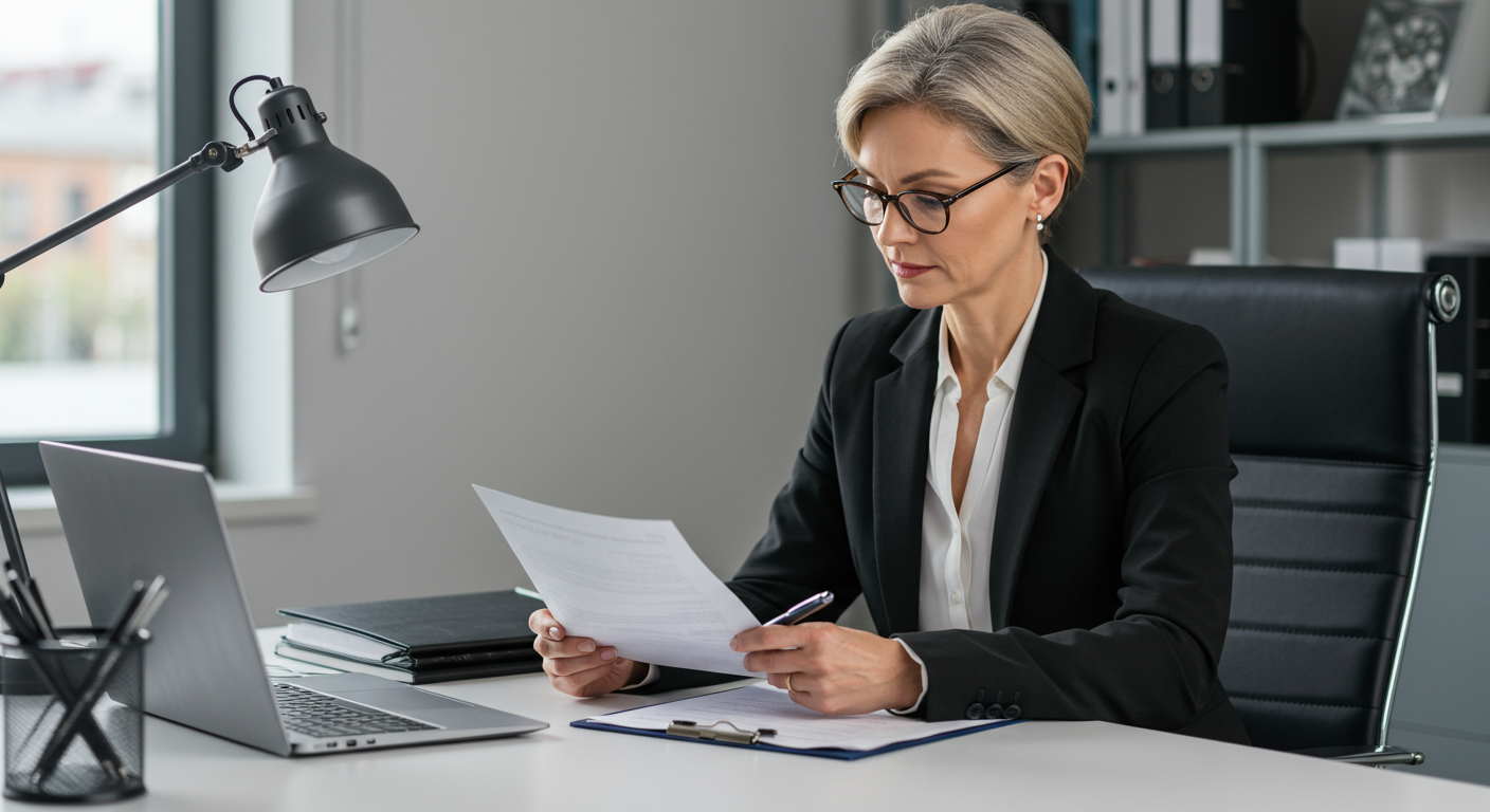 Business owner reviewing a WHS policy document at a clean desk